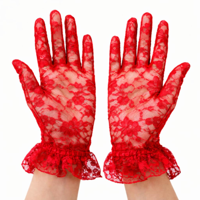 Manusi elegante rosii  din dantela cu volan la incheietura [2]