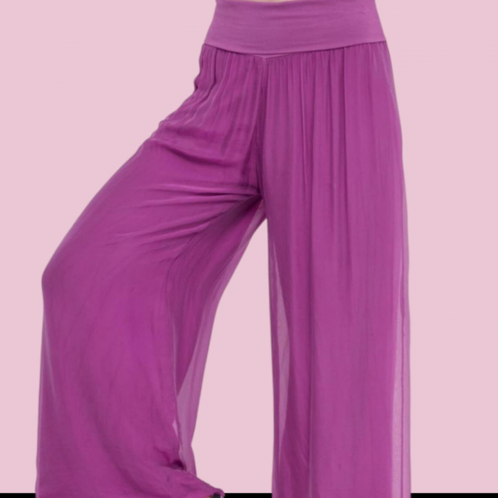 Pantaloni Croi Larg din Matase si Banda Elastica in Talie [2]