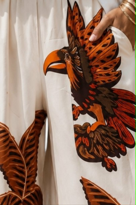 Pantaloni din bumbac croi larg cu imprimeu  tropical si buzunare [3]
