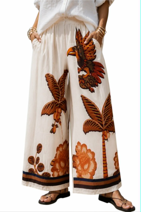 Pantaloni din bumbac croi larg cu imprimeu  tropical si buzunare [4]