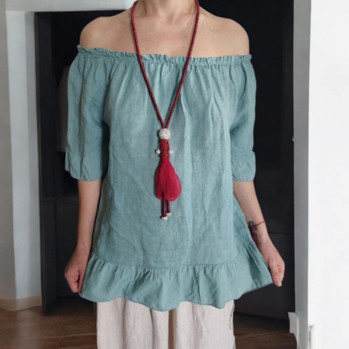Pantaloni din In cu Modele in Parti si Banda Elastica in Talie [5]