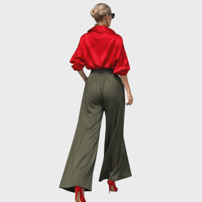 Pantaloni din Matase si Vascoza Croi Larg Verde Kaki [3]