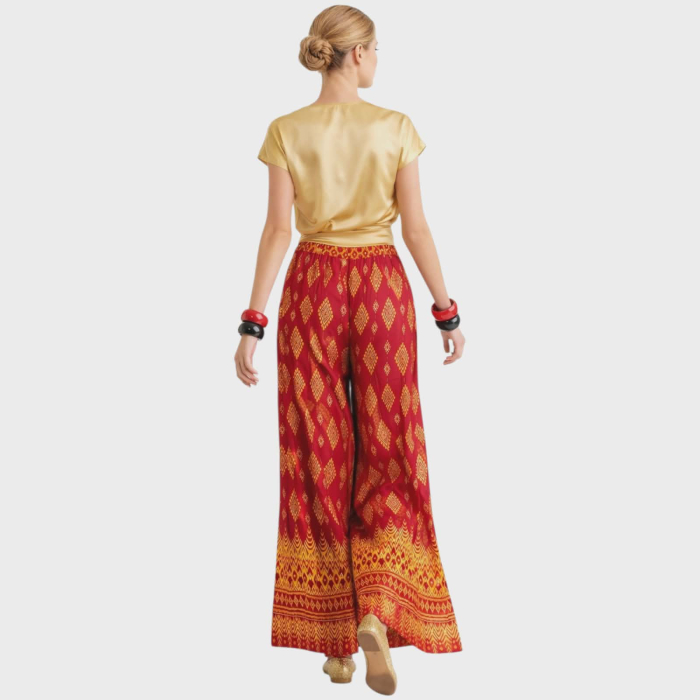 Pantaloni largi dama rosii cu imprimeu auriu, tip palazzo elegant [3]