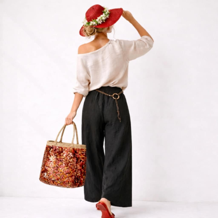 Pantaloni pe Fond Negru din In Croi Larg si Buzunare Laterale [2]