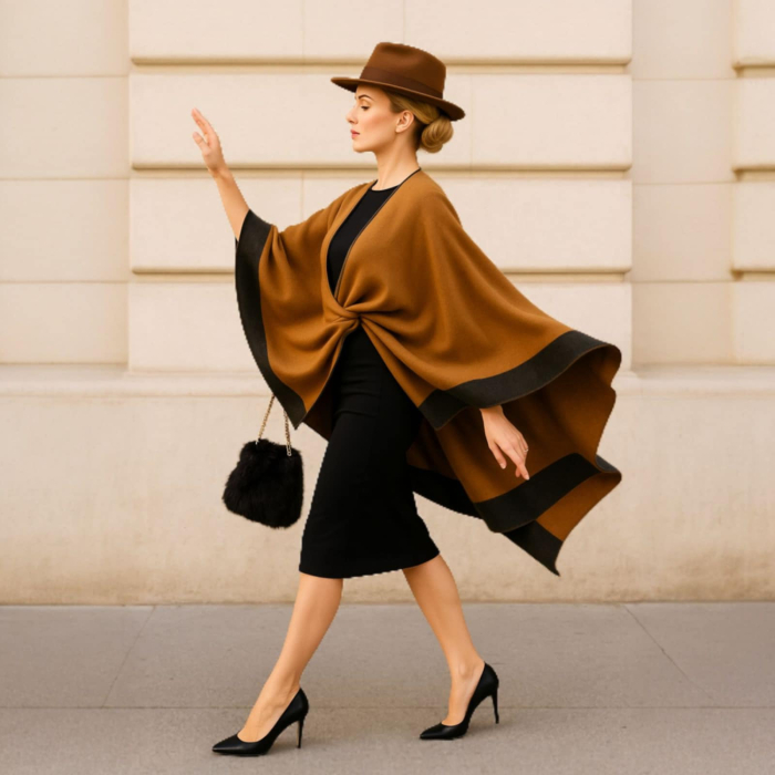 Poncho  elegant in nuante de camel si margini negre [1]