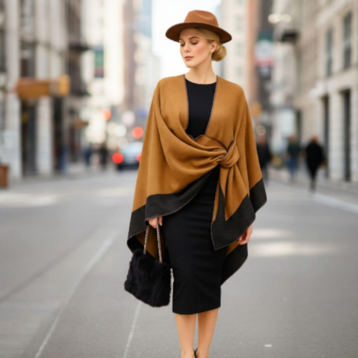 Poncho  elegant in nuante de camel si margini negre [2]