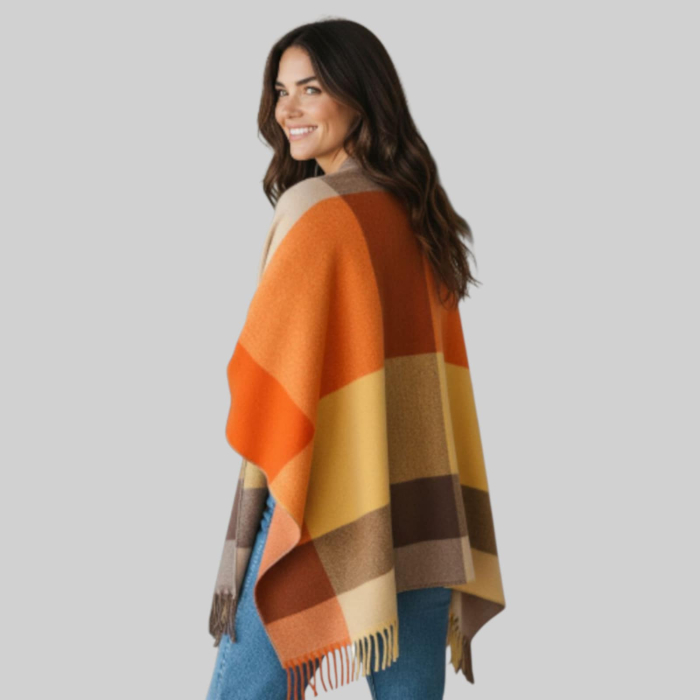 Poncho tip pelerina cu model geometric cu franjuri pentru sezon rece [2]