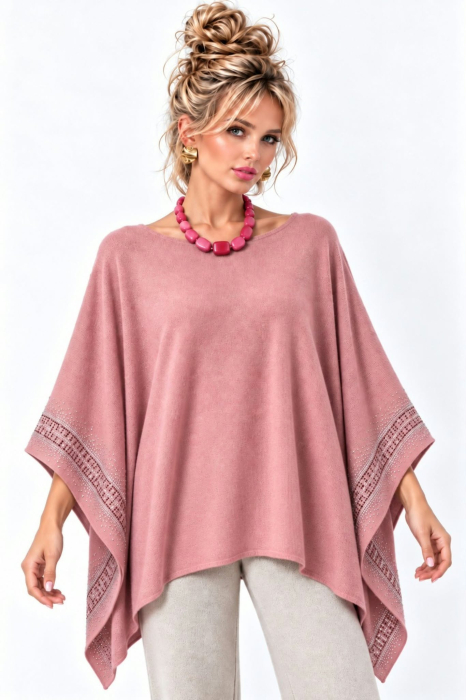 Poncho Tip Pelerina Tricotat Roz Prafuit Pentru Sezon Rece [2]