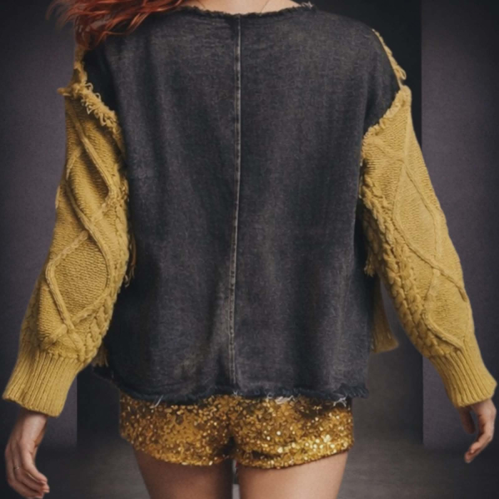 Pulover galben mustar din tricot gros cu spatele din denim si detalii zdrenturoase [3]