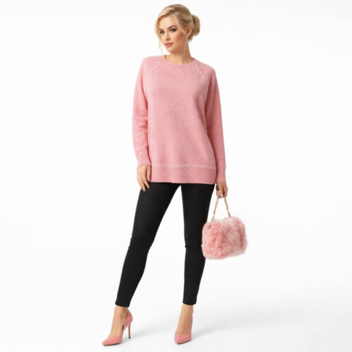 Pulover roz dama cu broderie decorativa si croi lejer [2]