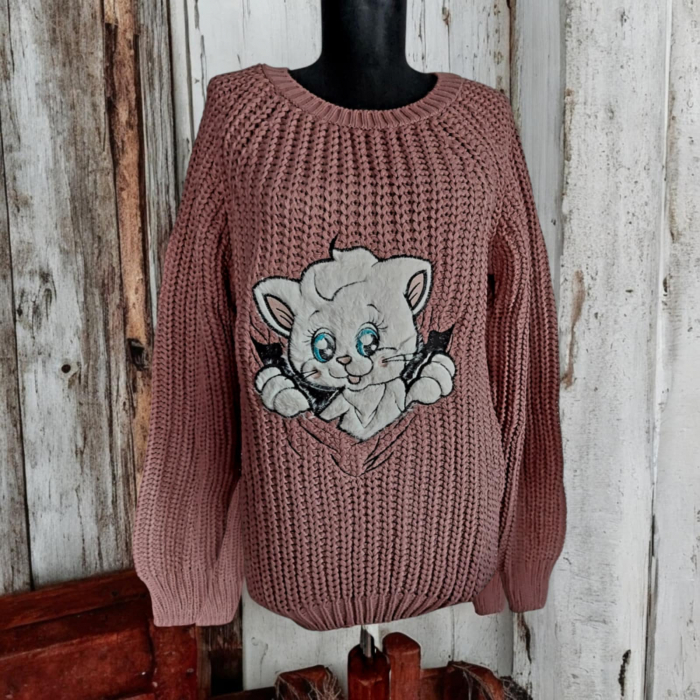Pulover Tricotat Gros cu Imprimeu Pisica Pufoasa [3]