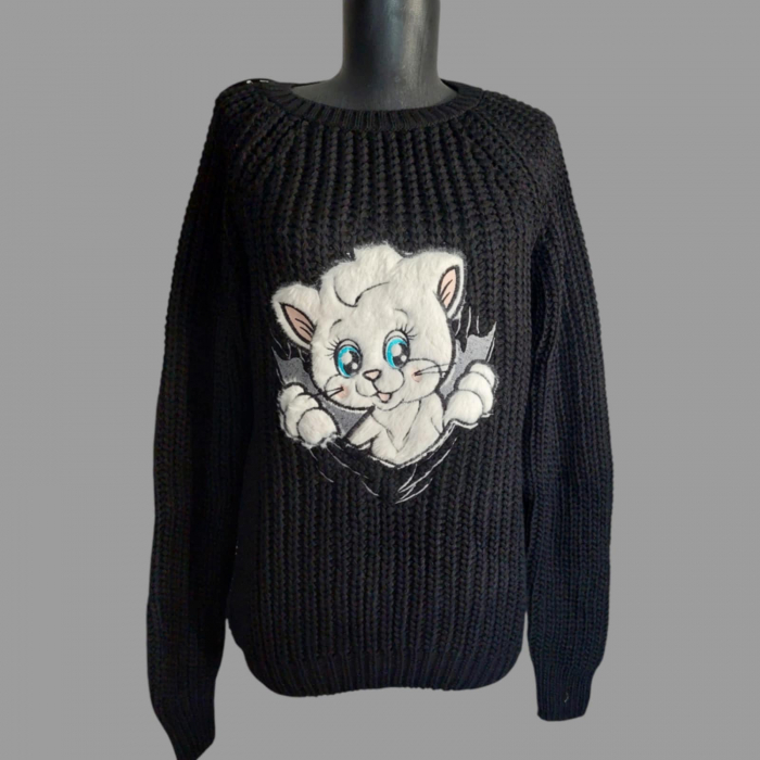 Pulover Tricotat Gros cu Imprimeu Pisica Pufoasa [4]