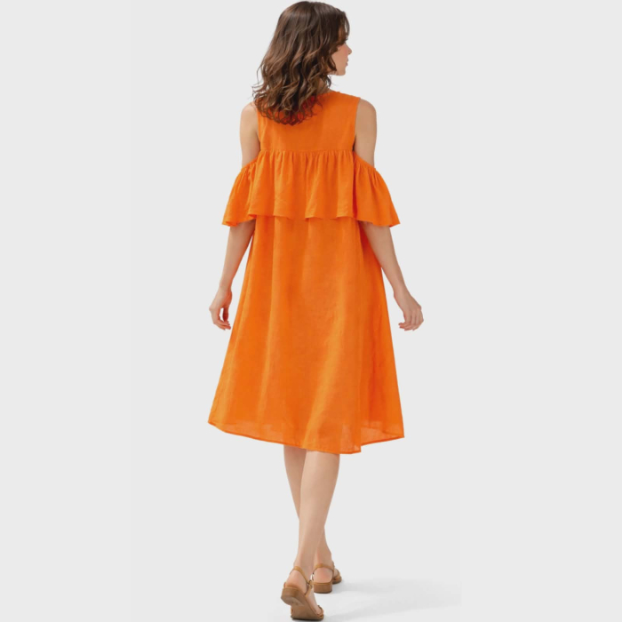 Rochia de vara asimetrica din in cu volan la bust si umar gol tip camasa [2]