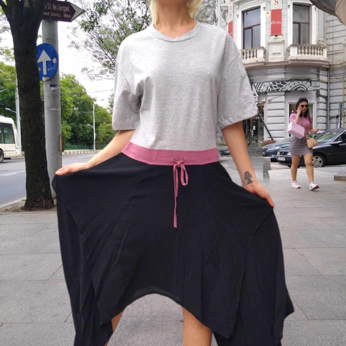 Rochie din bumbac asimetrica cu cordon in talie [2]