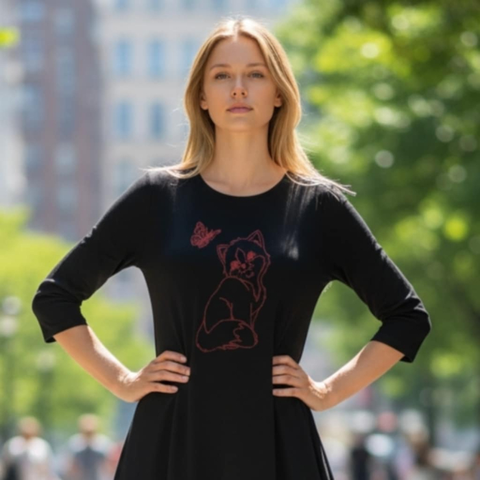 Rochie asimetrica  din bumbac cu pisica si sclipici rosu [2]