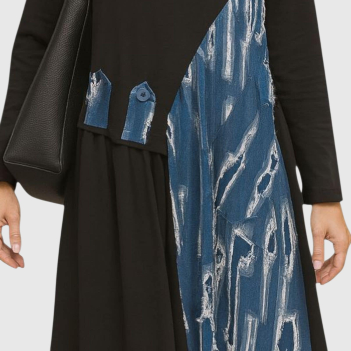 Rochie asimetrica  din bumbac pe fond negru  cu aspect zdrenturos [2]