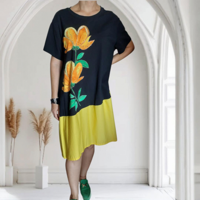 Rochie Asimetrica din Bumbac pe Fond Negru si Strasuri [1]