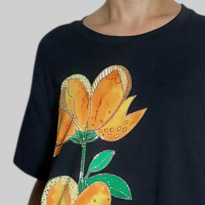 Rochie Asimetrica din Bumbac pe Fond Negru si Strasuri [3]