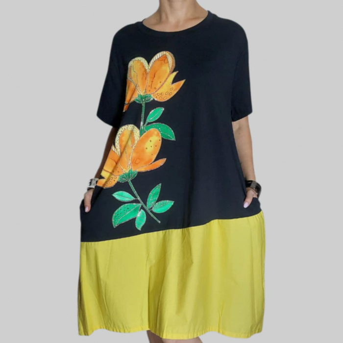 Rochie Asimetrica din Bumbac pe Fond Negru si Strasuri [4]