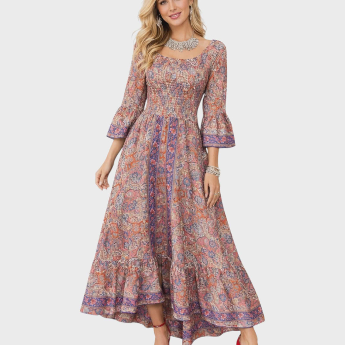 Rochie colorata lunga din matase indiana si banda elastica lata la bust [2]