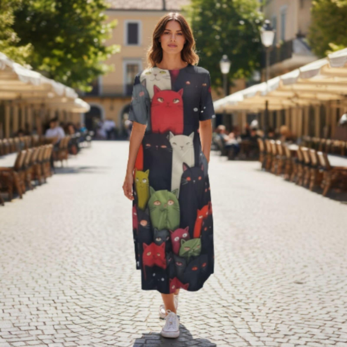 Rochie croi larg cu imprimeu pisici colorate [2]