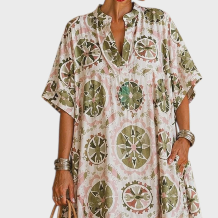 Rochie de vara croi larg verde cu bej si imprimeu boho [2]