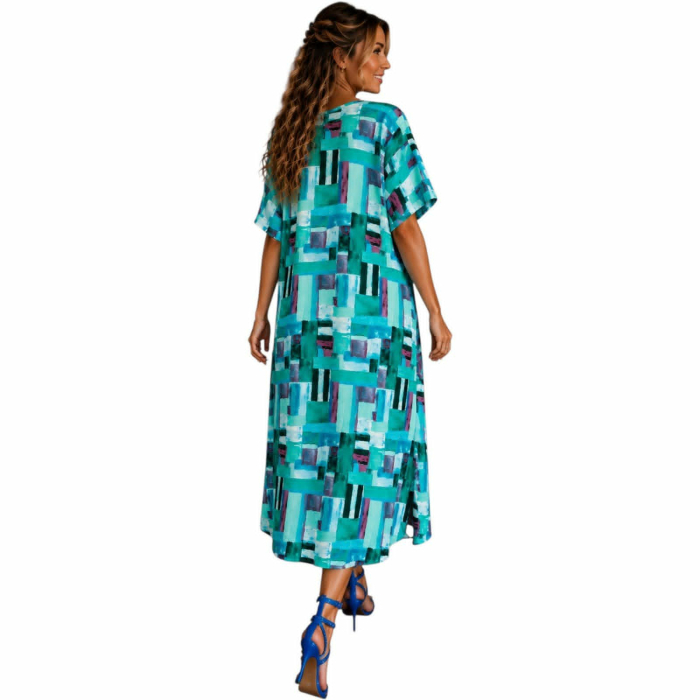 Rochie de vara cu imprimeu geometric turcoaz croi lejer si buzunare [3]