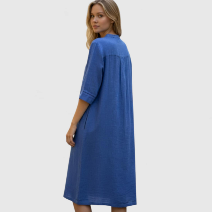 Rochie de Vara din In Bleumarin cu Broderie la Decolteu si Maneca [2]