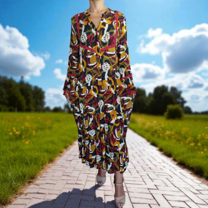 Rochie de vara din vascoza cu imprimeu colorat si ciucuri [1]