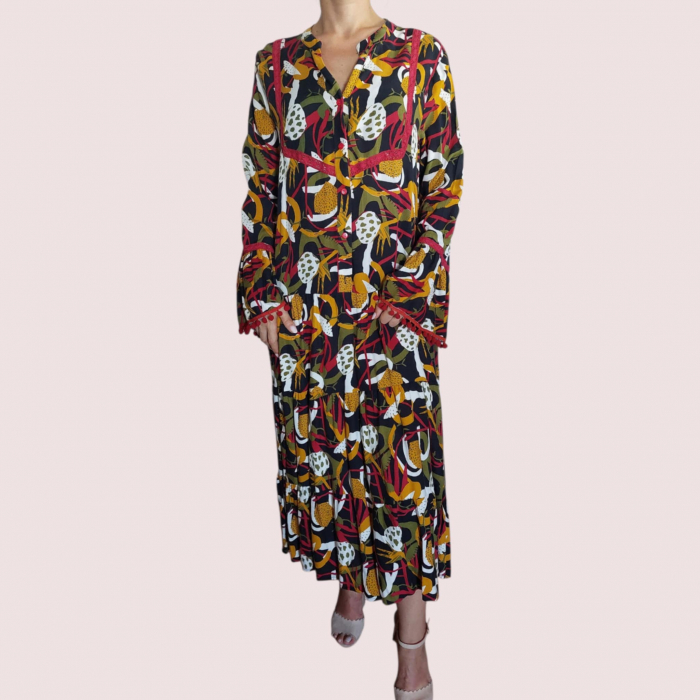 Rochie de vara din vascoza cu imprimeu colorat si ciucuri [3]