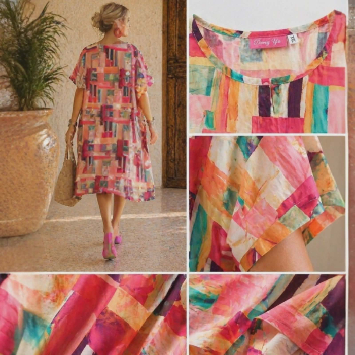 Rochie din bumbac croi larg si imprimeu artistic multicolor [3]