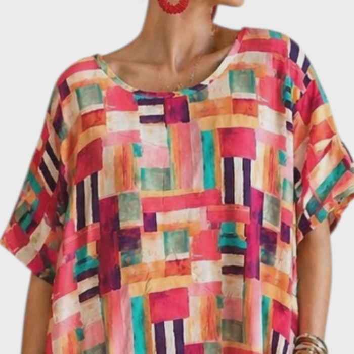 Rochie din bumbac croi larg si imprimeu artistic multicolor [2]