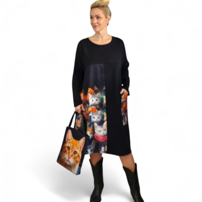 Rochie din bumbac cu imprimeu pisici multicolore si buzunar supradimensionat [1]