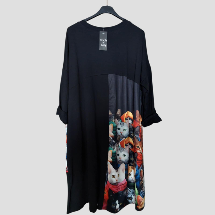Rochie din bumbac cu imprimeu pisici multicolore si buzunar supradimensionat [4]