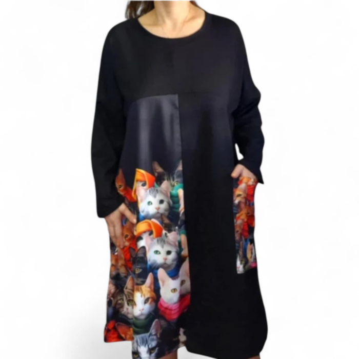 Rochie din bumbac cu imprimeu pisici multicolore si buzunar supradimensionat [2]