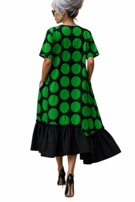 Rochie din bumbac negru si verde  cu buline si volane decorative [2]