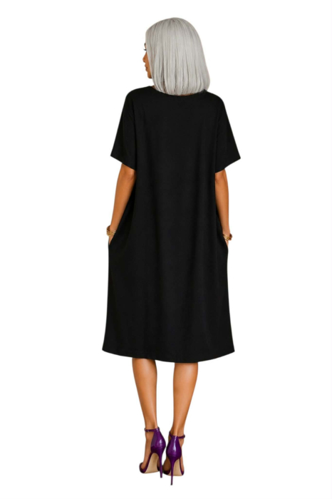 Rochie din bumbac pe fond negru cu aplicate florale ciclam [2]