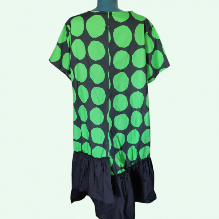Rochie din Bumbac pe Fond Negru cu Cercuri Verde Aprins [3]
