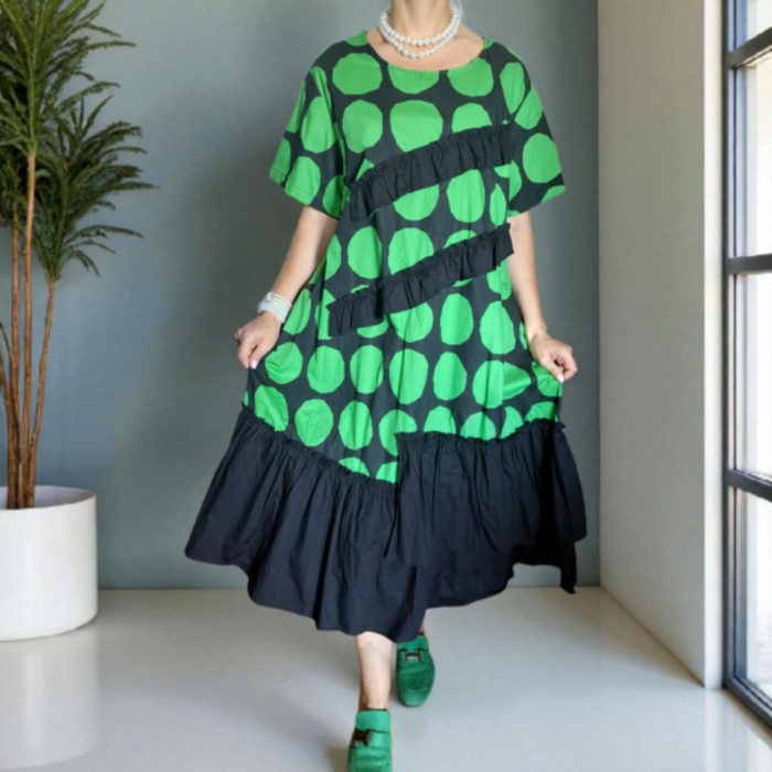 Rochie din Bumbac pe Fond Negru cu Cercuri Verde Aprins [2]