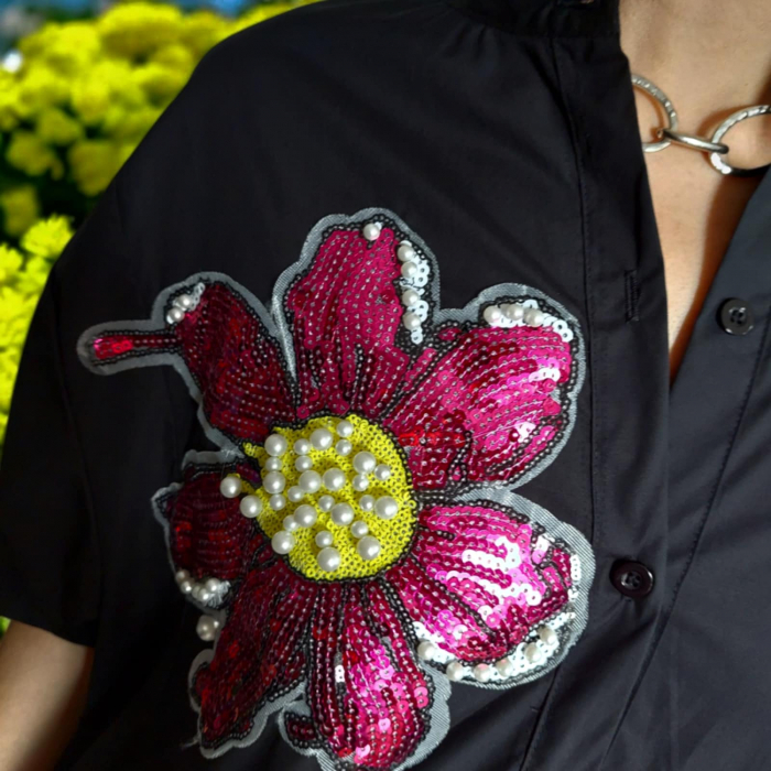 Rochie din Bumbac pe Fond Negru cu Flori din Paiete Colorate [5]