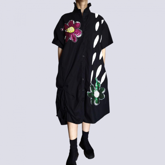 Rochie din Bumbac pe Fond Negru cu Flori din Paiete Colorate [1]