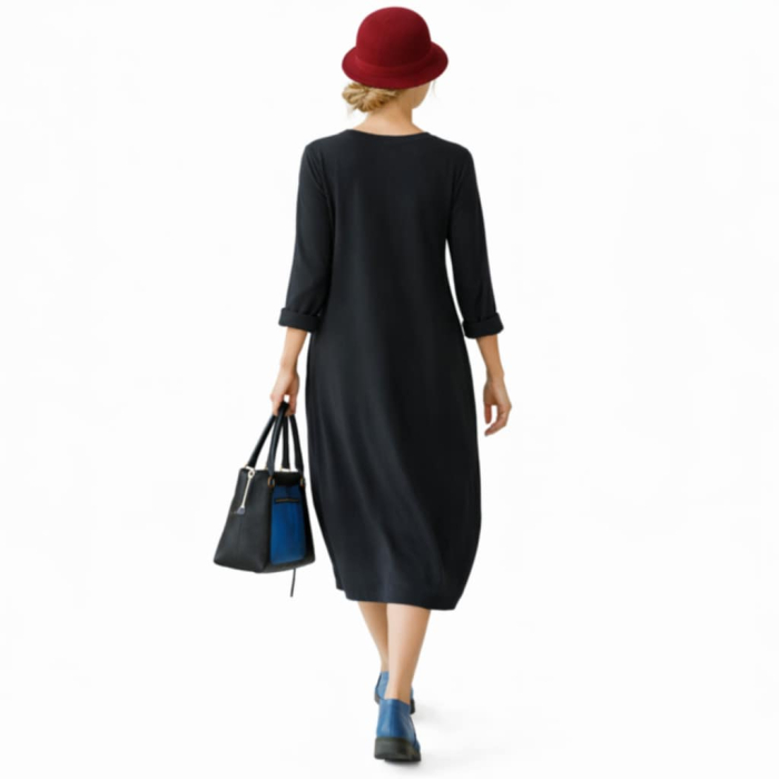 Rochie din Bumbac pe Fond Negru Tip Desigual cu Maneca Lunga [2]