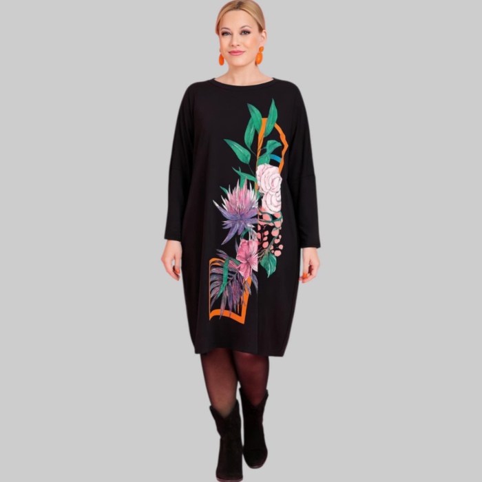 Rochie din Bumbac pe Fond Negru cu Imprimeu Floral [1]
