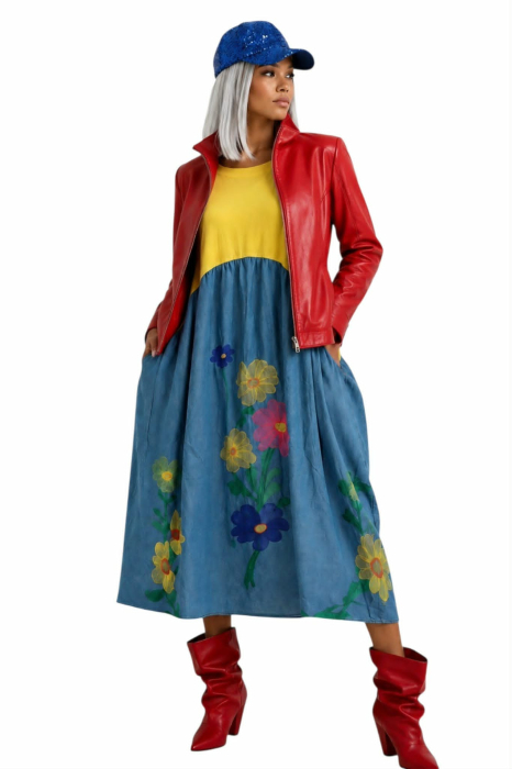 Rochie din bumbac si denim cu flori brodate pe partea din fata [4]