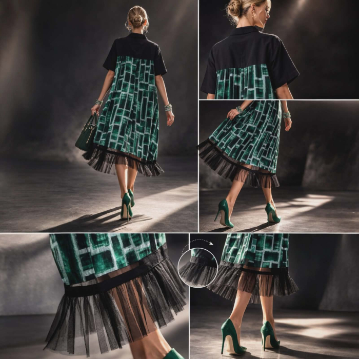 Rochie din Bumbac si Tulle Tip Camasa cu Buzunare Laterale Ascunse [5]