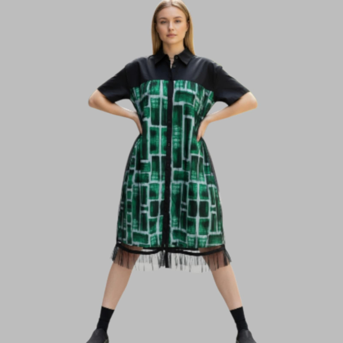 Rochie din Bumbac si Tulle Tip Camasa cu Buzunare Laterale Ascunse [2]