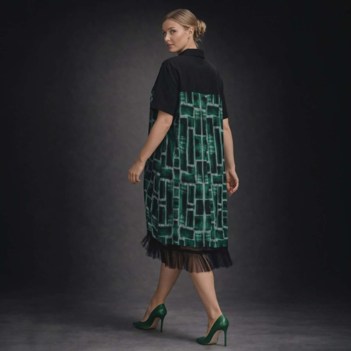 Rochie din Bumbac si Tulle Tip Camasa cu Buzunare Laterale Ascunse [3]