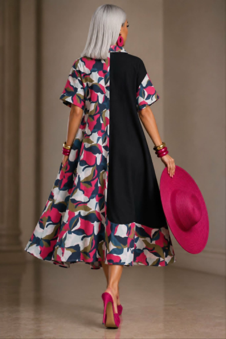 Rochie din bumbac tip camasa  cu imprimeu abstract si buzunare [3]
