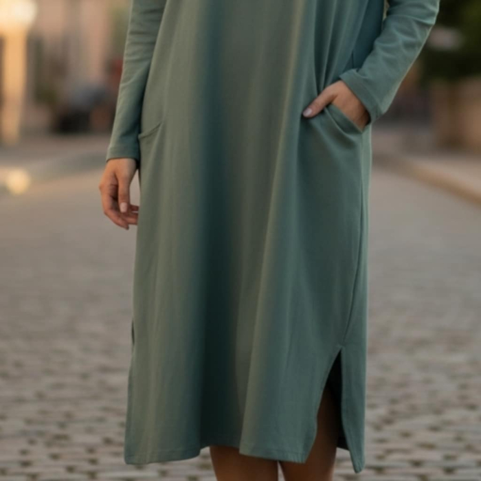 Rochie din bumbac verde kaki si volan pe partea din spate [3]