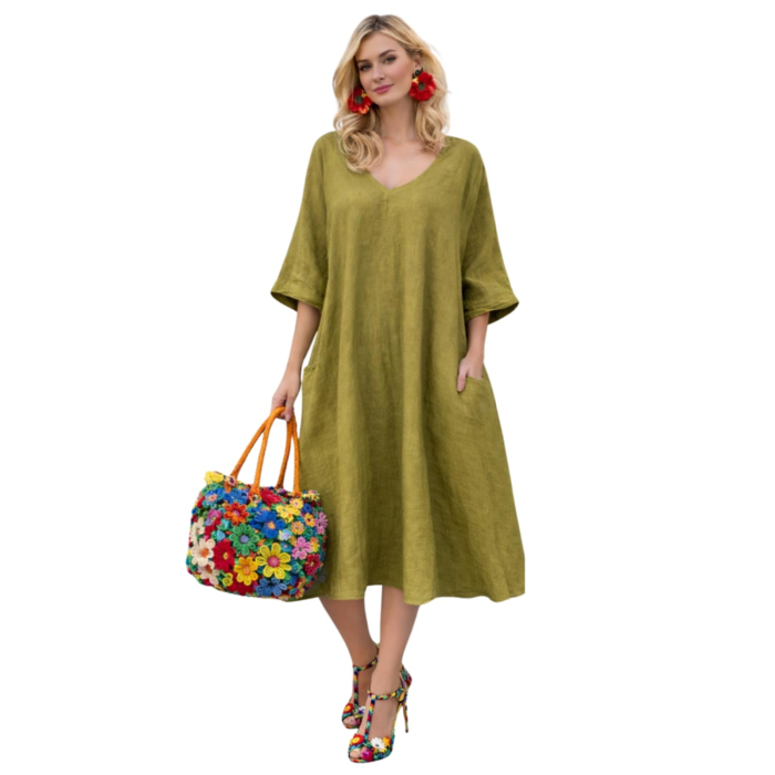 Rochie din in asimetrica  croi larg si buzunare laterale [2]